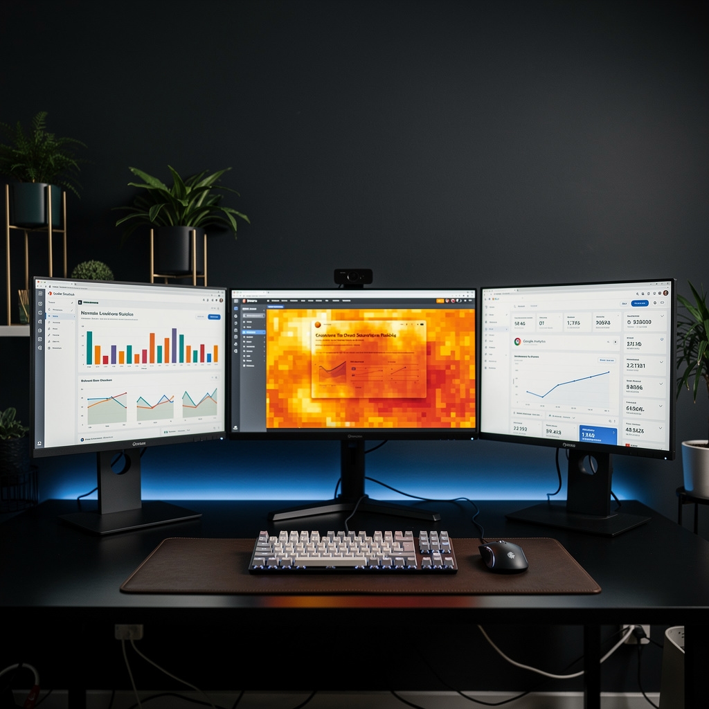 Espacio de trabajo moderno con múltiples pantallas mostrando dashboards de analítica digital